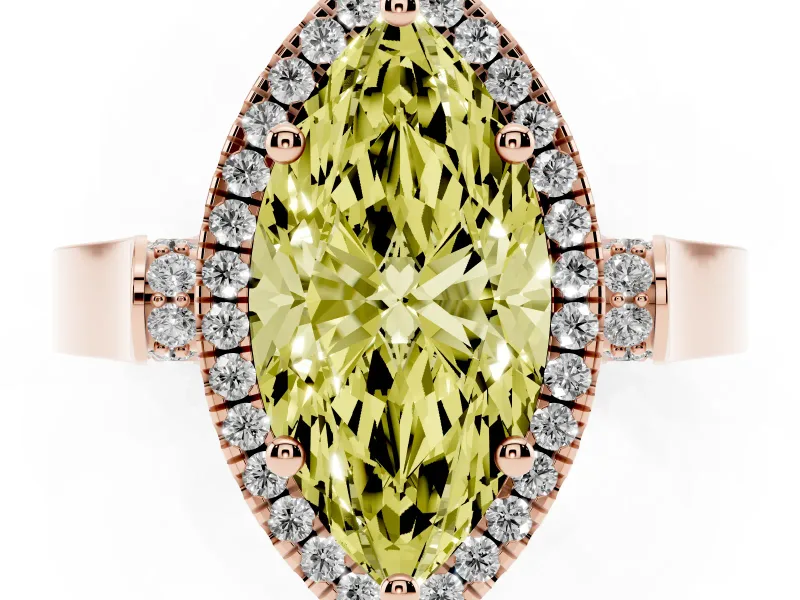 Fancy Yellow Marquise Cut Diamond Halo Ring Set in Rose gold with Pavé-Lined Split Shank Band
