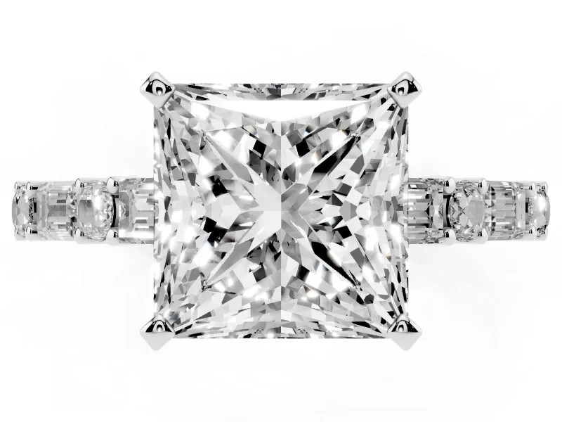 Princess Cut Diamond Solitaire Set in White gold with Side Baguettes and Channel Set Band