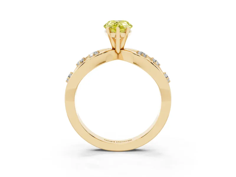 Fancy Yellow Pear Cut Diamond Solitaire Ring Set in Yellow gold with Side Stones on Criss-Cross Band and Prong Setting