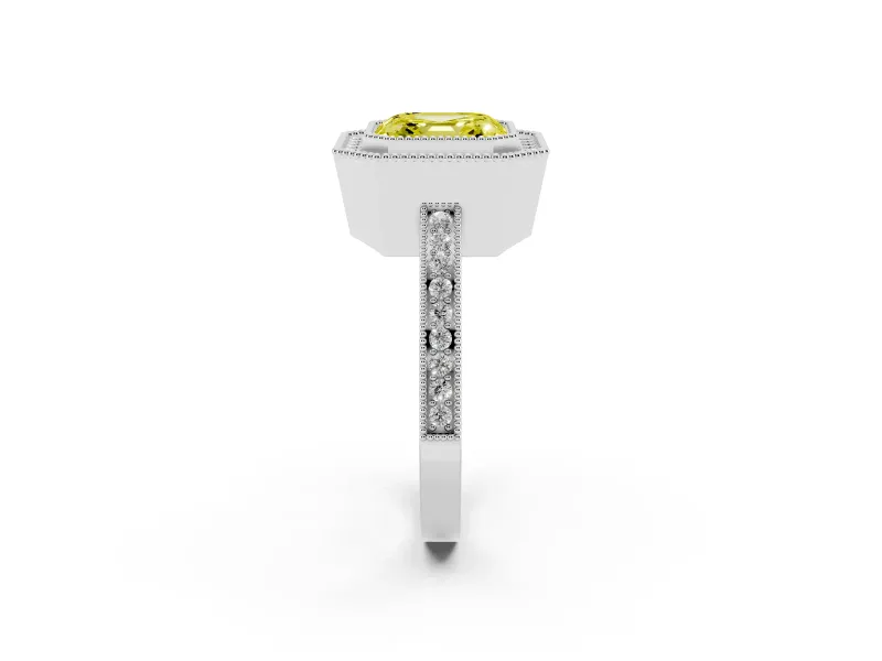 Fancy Yellow Asscher Cut Diamond Halo Ring Set in Silver with Pavé Band and Milgrain-Edged Prongs