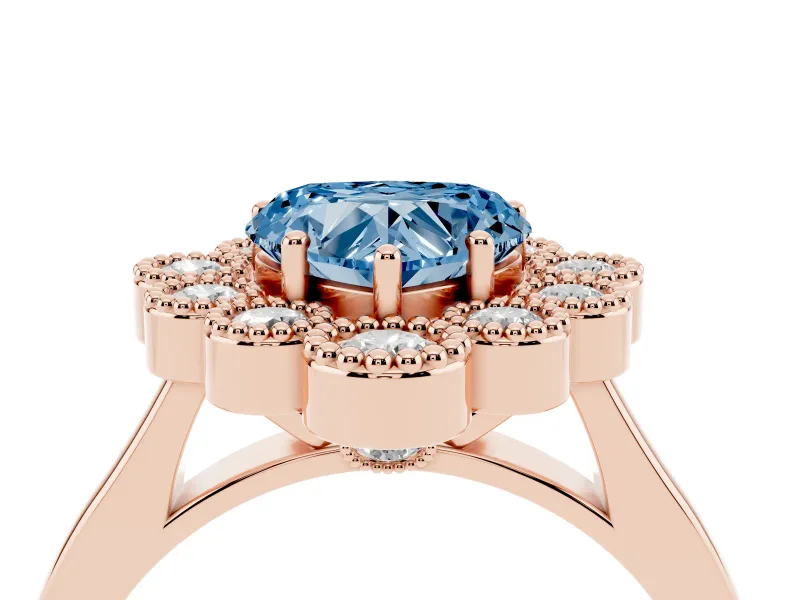 Heart-Shaped Milgrain Cluster Halo Engagement Ring Setting for a Fancy Blue Lab-Grown Diamond | Plain Band | Rose Gold