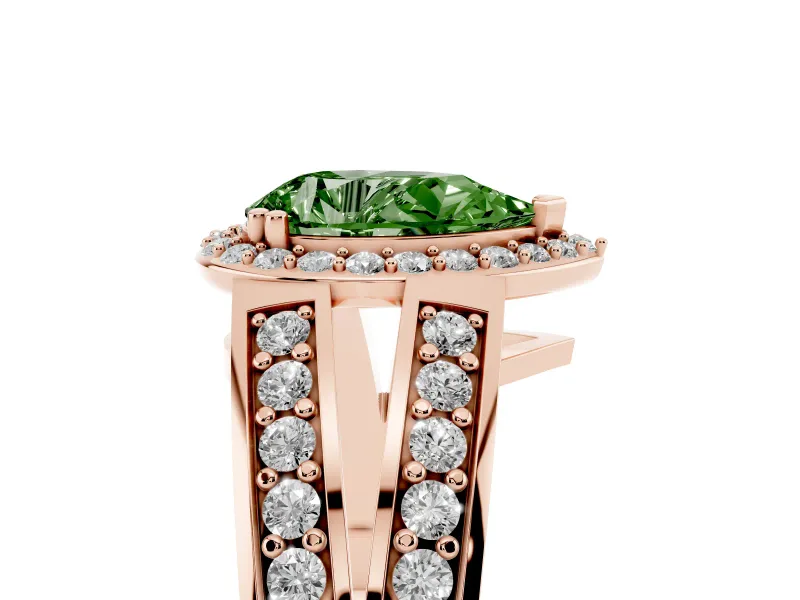 Pear-Shaped Halo Engagement Ring Setting for a Fancy Green Lab-Grown Diamond | Two-Row Pave Split Shank | Rose Gold