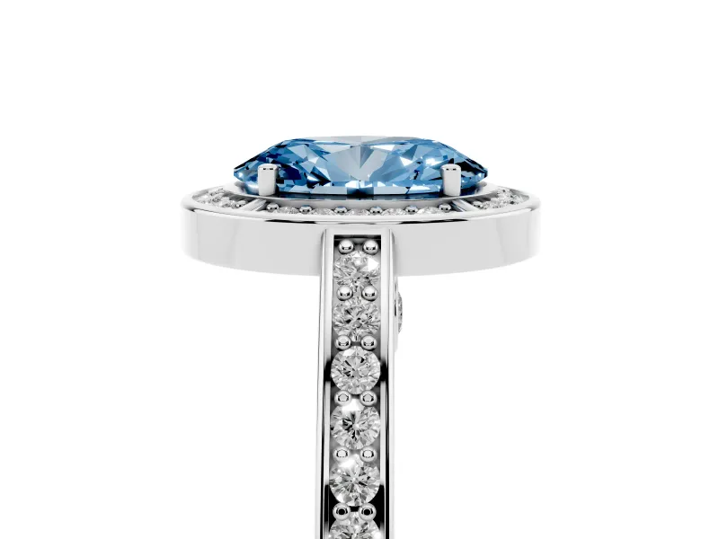 Fancy Blue Oval Cut Diamond Halo Pavé Split Shank Ring Set in White gold with Prong Setting