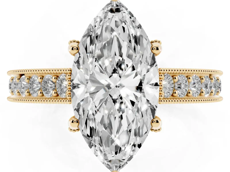 Marquise Vintage Hidden Halo Engagement Ring Setting | Milgrain Pave Band | Yellow Gold