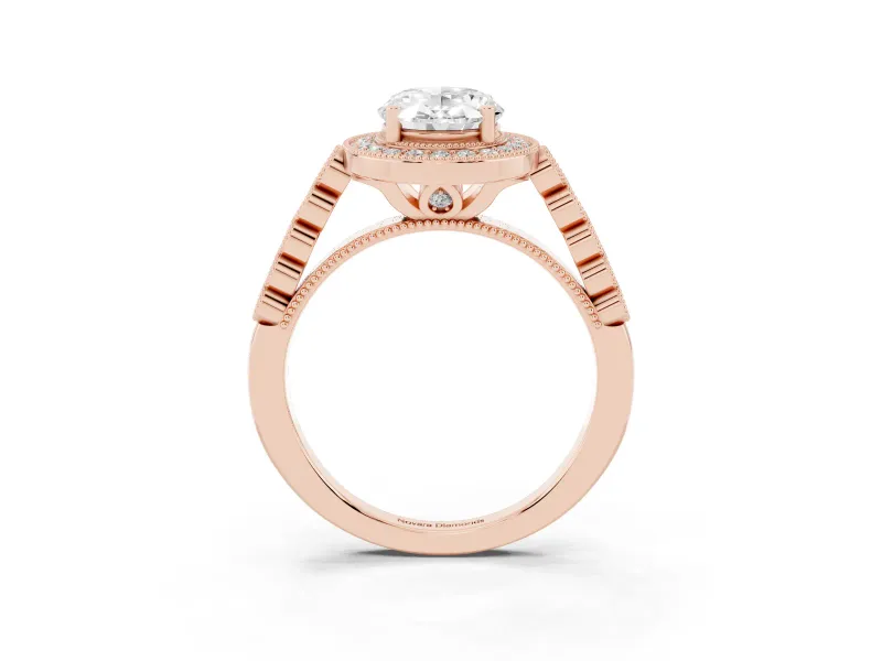 Oval Cut Diamond Milgrain Halo Solitaire Ring Set in Rose gold with Bezel Set Side Stones and Pavé Band
