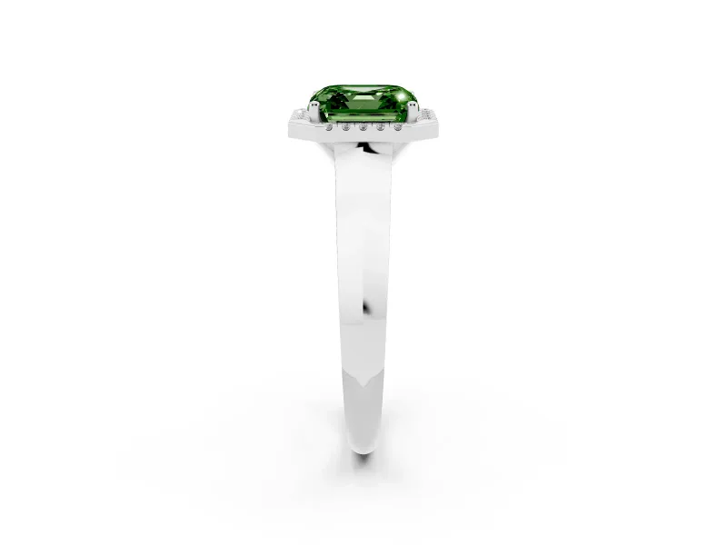 Fancy Green Asscher Cut Diamond Halo Ring Set in White gold with Cathedral Band and Prong Setting