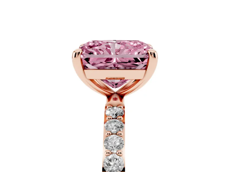 Fancy Pink Radiant Cut Diamond Solitaire Ring Set in Rose gold with Round Pavé Band and Prong Setting