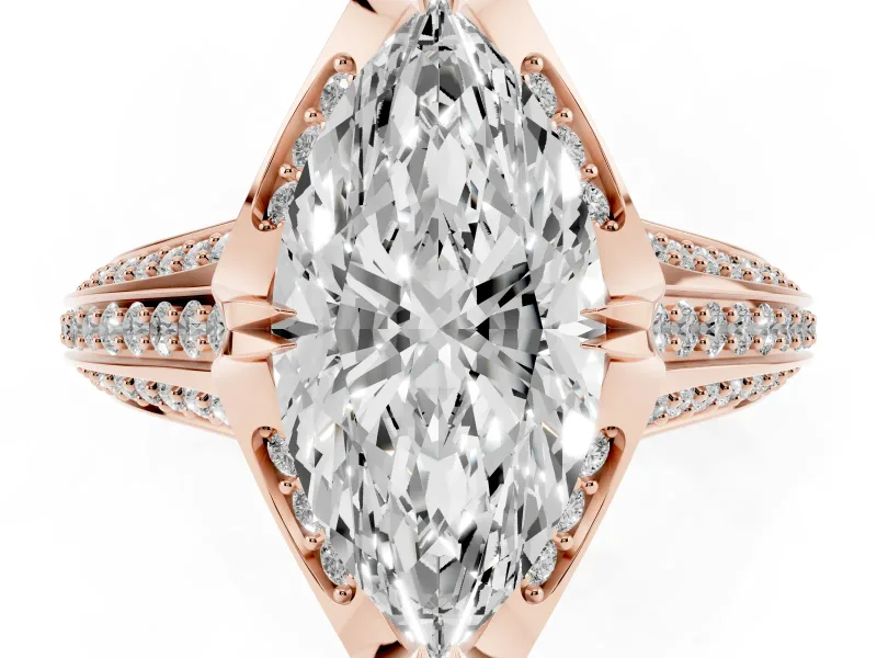 Marquise Hidden Halo Engagement Ring Setting | Triple Row Pavé Band | Rose Gold