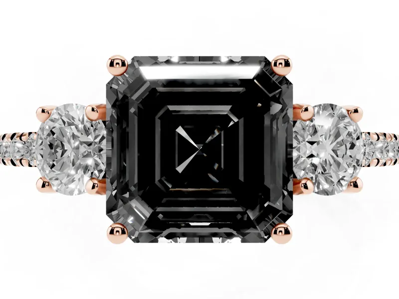 Asscher Cut Three Stone Engagement Ring Setting for a Black Center | Pavé Shoulders | Rose Gold