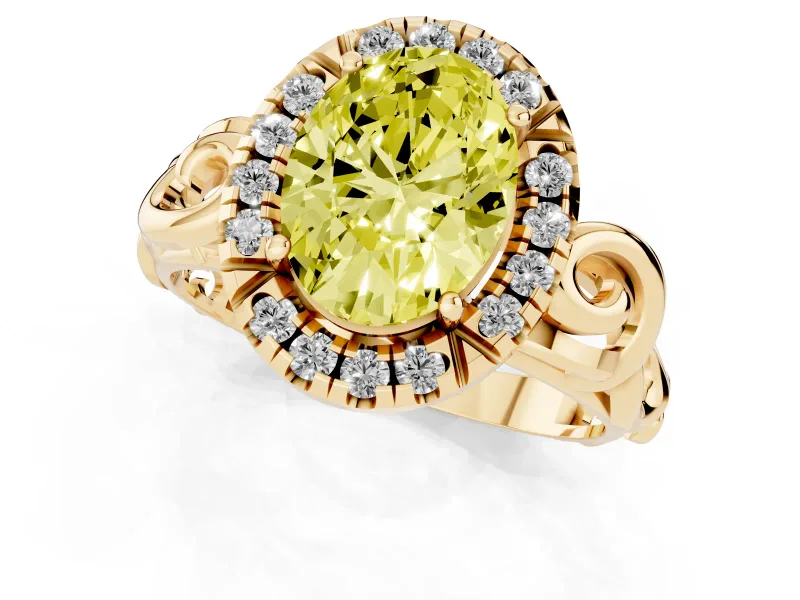 Fancy Yellow Oval Cut Diamond Halo Ring Set in Yellow gold with Scrollwork Band and Prong Setting