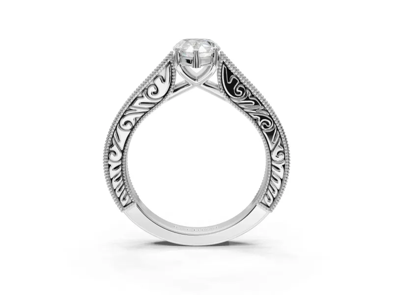 Pear-Shaped Vintage Engraved Pavé Engagement Ring Setting | Milgrain Edges | Sterling Silver