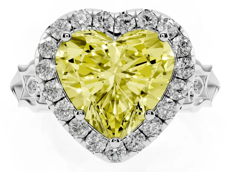 Fancy Yellow Heart Cut Diamond Halo Engagement Ring Set in White gold with Filigree Band and Prong-Set Center