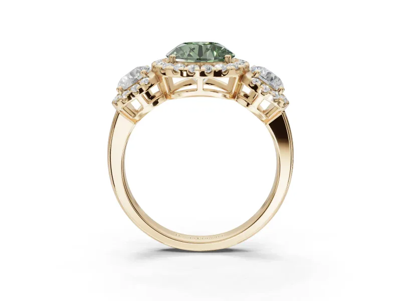 Round Three Stone Halo Engagement Ring Setting for a Fancy Green Lab-Grown Diamond | Yellow Gold