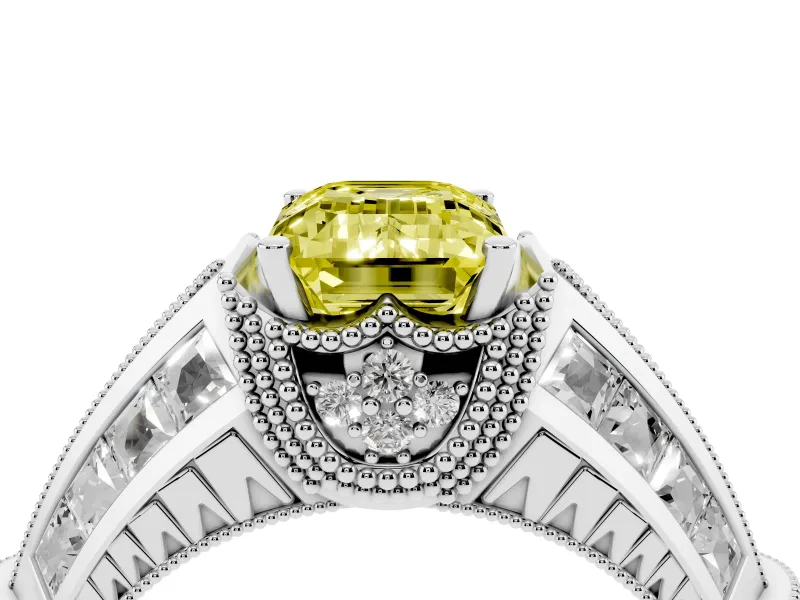 Fancy Yellow Emerald Cut Diamond Vintage-Inspired Milgrain Ring Set in Platinum with Accent Split Shank