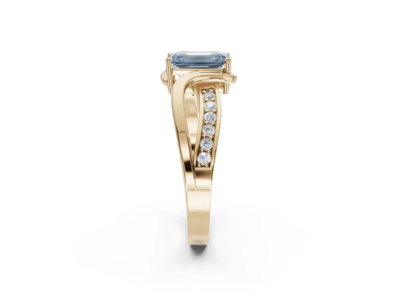 Emerald Cut Bypass Solitaire Engagement Ring Setting for a Fancy Blue Lab-Grown Diamond | Pavé Strands | Yellow Gold