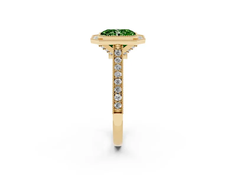 Radiant Cut Vintage Milgrain Halo Engagement Ring Setting for a Fancy Green Lab-Grown Diamond | Bezel Head | Yellow Gold