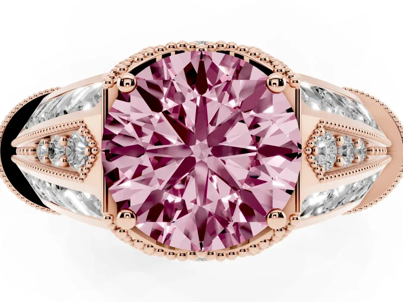 Fancy Pink Round Cut Diamond Vintage-Inspired Milgrain Ring Set in Rose gold with Accent Split Shank