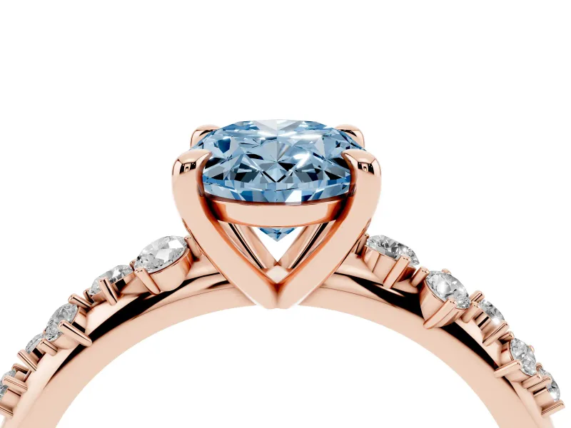 Fancy Blue Oval Cut Diamond Solitaire Vine Band Ring Set in Rose gold with Round Accents and Prong Setting