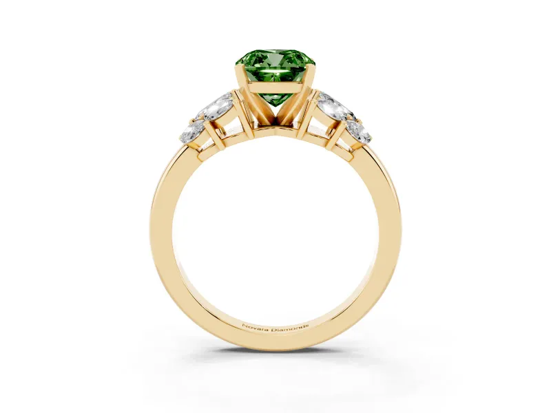 Fancy Green Cushion Cut Diamond Cluster Leaf Design Ring Set in Yellow gold with Prong Setting