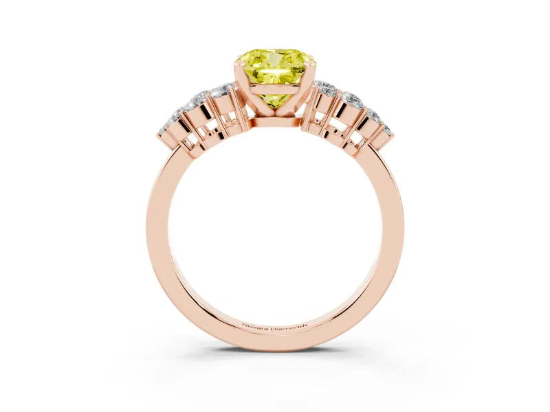 Fancy Yellow Cushion Cut Diamond Cluster Engagement Ring Set in Rose gold with Pavé Band and Prong Setting
