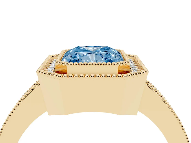 Fancy Blue Radiant Cut Diamond Halo Engagement Ring Set in Yellow gold with Pavé Band and Round Halo Stones