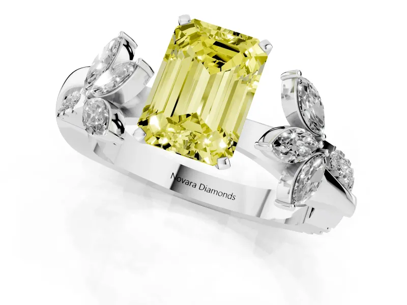 Fancy Yellow Emerald Cut Diamond Floral Vine Solitaire Engagement Ring Set in Platinum with Marquise Leaves