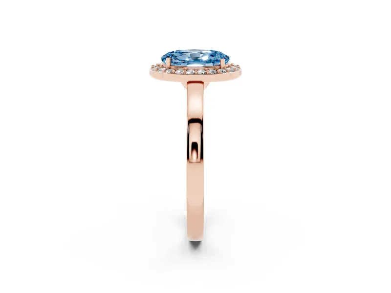 Fancy Blue Oval Cut Diamond Halo Ring Set in Rose gold with Solitaire Band and Prong Setting