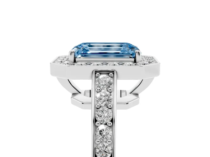 Fancy Blue Emerald Cut Diamond Halo Pavé Engagement Ring Set in Silver with Bezel Setting