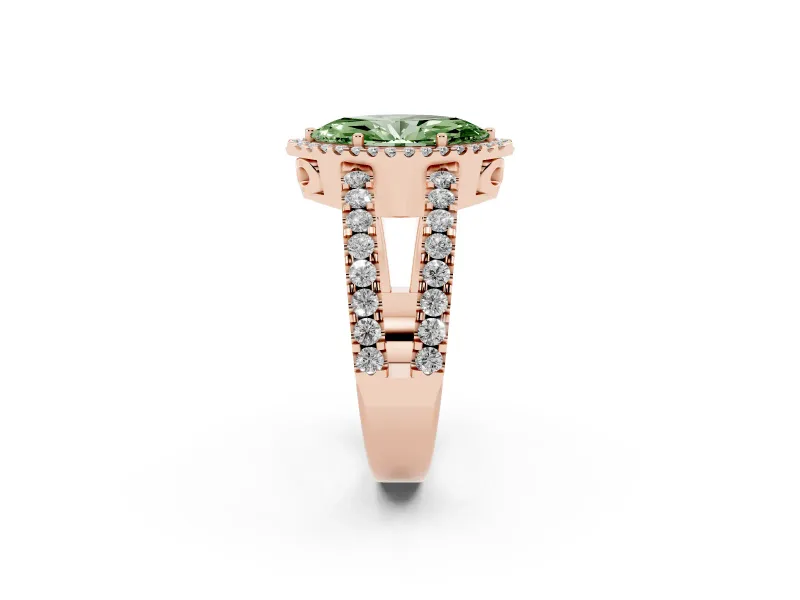 Fancy Green Marquise Cut Diamond Halo Ring Set in Rose gold with Pavé Split Shank and Prong Setting