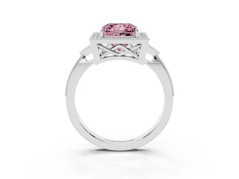 Fancy Pink Princess Cut Diamond Halo Engagement Ring Set in White gold with Milgrain Pavé Band