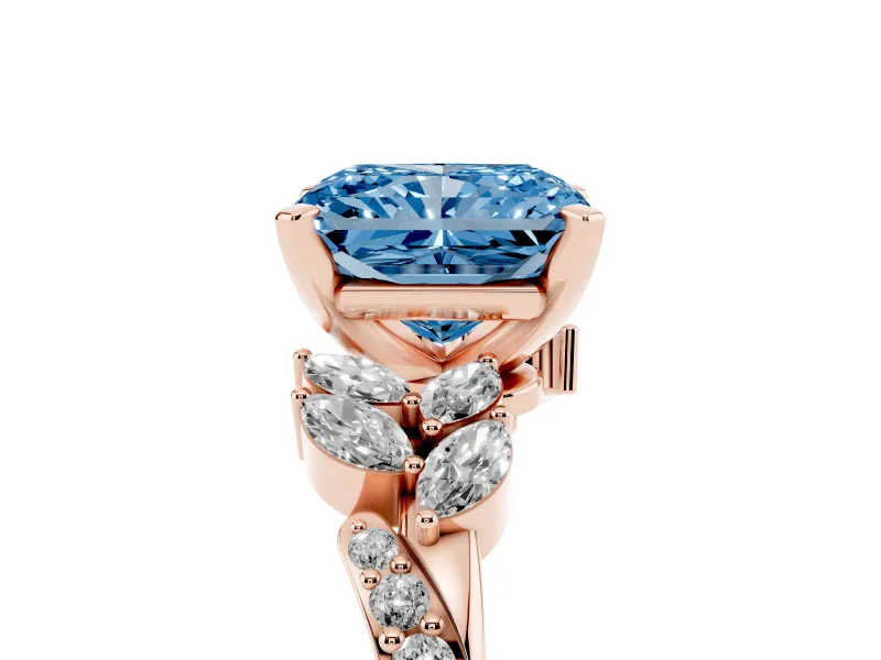 Fancy Blue Radiant Cut Diamond Solitaire Ring Set in Rose gold with Marquise Twist Band and Prong Setting