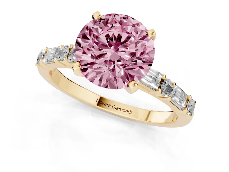 Round Baguette Side Stone Engagement Ring Setting for a Fancy Pink Lab-Grown Diamond | Yellow Gold