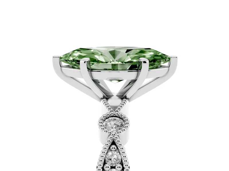 Fancy Green Marquise Cut Diamond Solitaire Engagement Ring Set in White gold with Milgrain Bezel Accent Band
