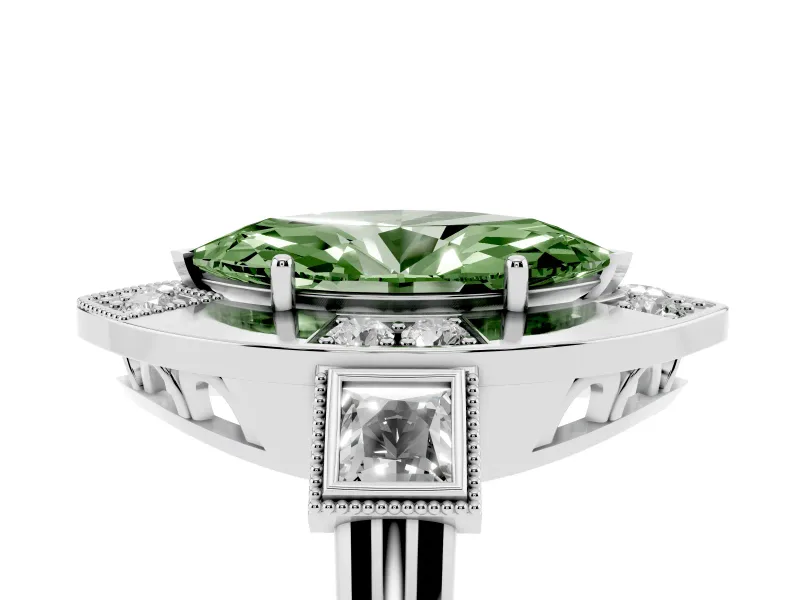 Fancy Green Marquise Cut Diamond Milgrain Halo Ring Set in Silver with Split Shank