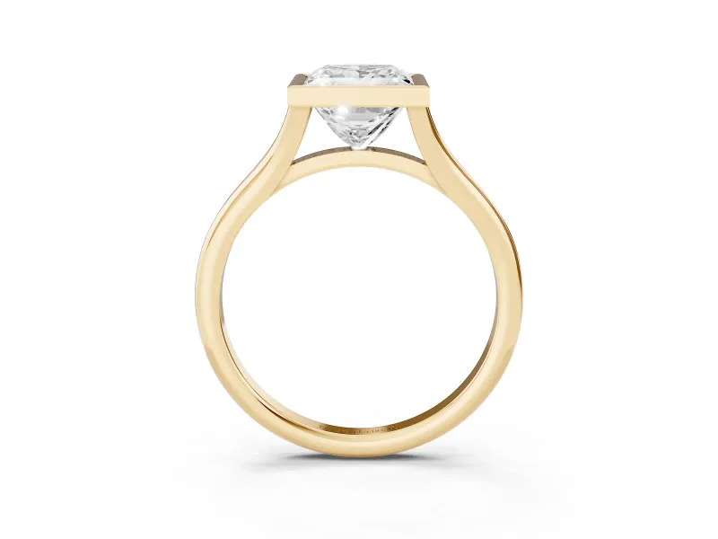 Bezel Set Princess Cut Diamond Solitaire Ring Set in Yellow gold with Tapered Band