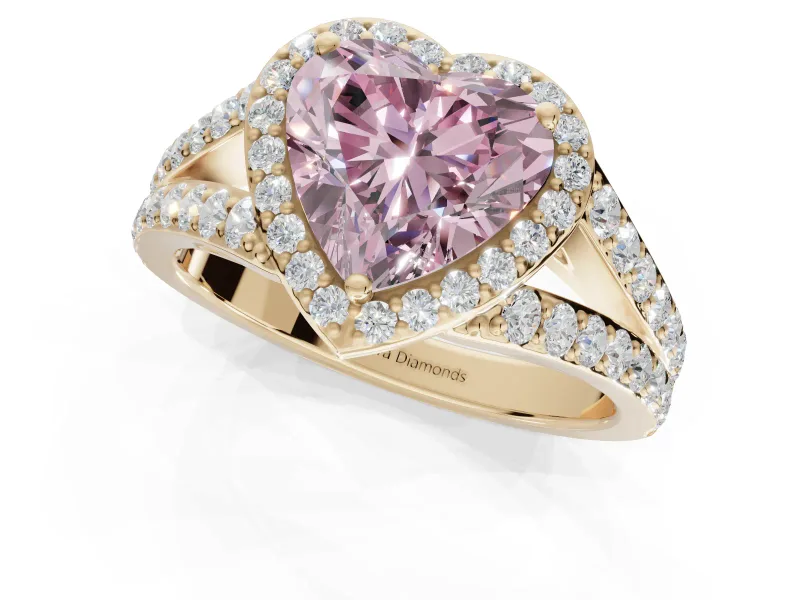 Heart-Shaped Halo Pavé Engagement Ring Setting for a Fancy Pink Lab-Grown Diamond | Narrow Split Shank | Yellow Gold
