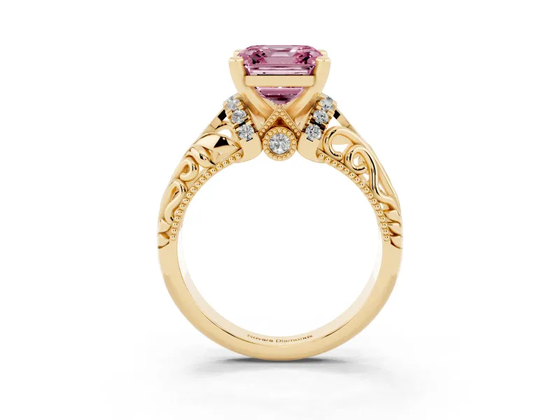 Fancy Pink Asscher Cut Diamond Filigree Halo Engagement Ring Set in Yellow gold with Prong Setting