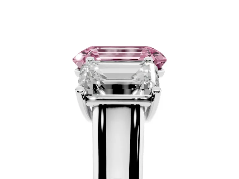 Emerald Cut Three Stone Engagement Ring Setting for a Fancy Pink Lab-Grown Diamond | Basket Prong Heads | Platinum