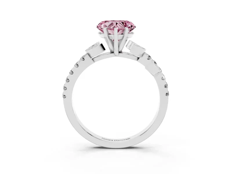 Fancy Pink Heart Cut Diamond Solitaire Leaf-Inspired Ring Set in Silver with Pavé Band and Prong Setting
