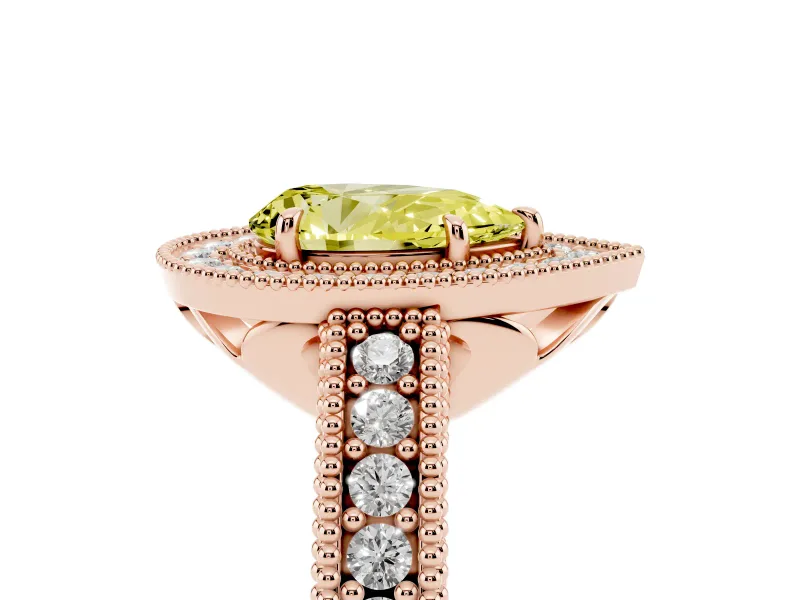 Fancy Yellow Pear Cut Diamond Halo Ring Set in Rose gold with Round Accent Halo, Pavé Band and Prong Setting