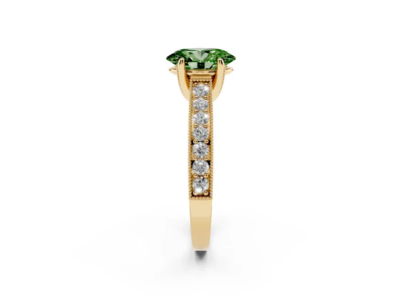 Oval Vintage Hidden Halo Engagement Ring Setting for a Fancy Green Lab-Grown Diamond | Milgrain Pave Band | Yellow Gold