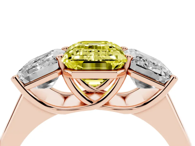 Emerald Cut Three Stone Engagement Ring Setting for a Fancy Yellow Lab-Grown Diamond | Basket Prong Heads | Rose Gold
