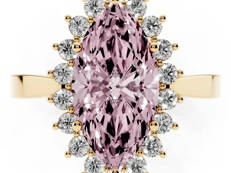 Fancy Pink Marquise Cut Diamond Halo Ring Set in Yellow gold with Round Halo and Smooth Solitaire Band