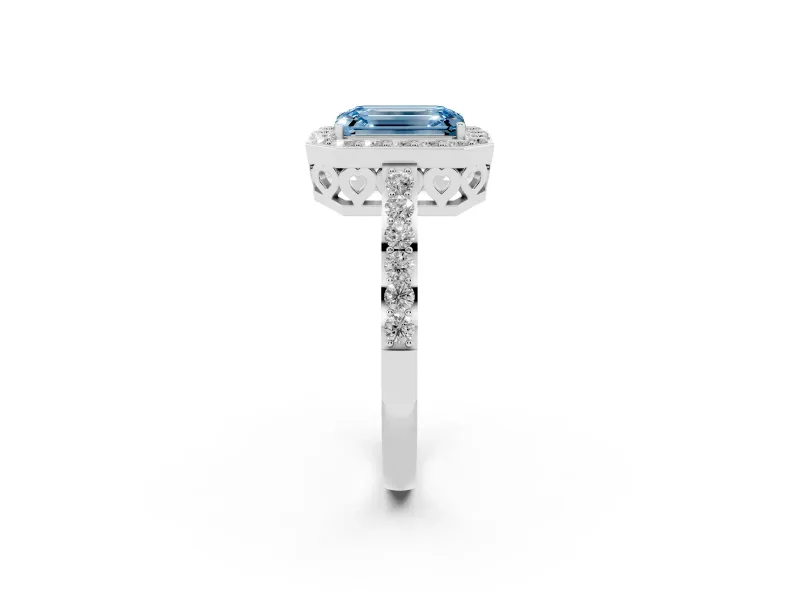 Fancy Blue Emerald Cut Diamond Halo Ring Set in Platinum with Pavé-Setting Band and Open Prong Center
