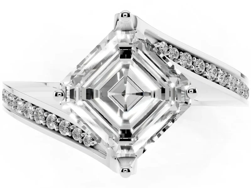 Asscher Cut Bypass Pavé Solitaire Engagement Ring Setting | Angled Head | White Gold