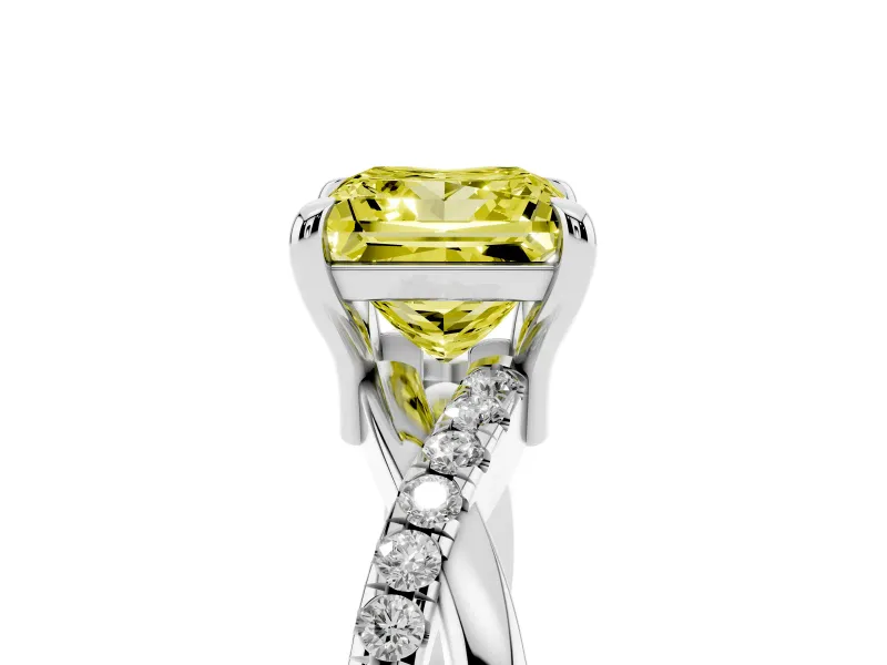Fancy Yellow Princess Cut Diamond Twist Band Solitaire Set in Platinum with Pavé Accents and Prong Setting