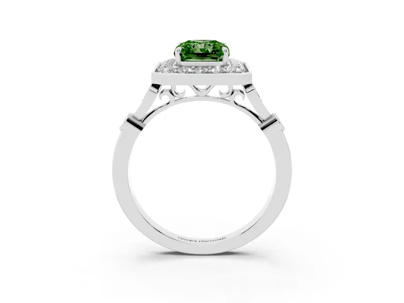 Radiant Cut Halo Engagement Ring Setting for a Fancy Green Lab-Grown Diamond | Bezel Station Shoulders | Platinum