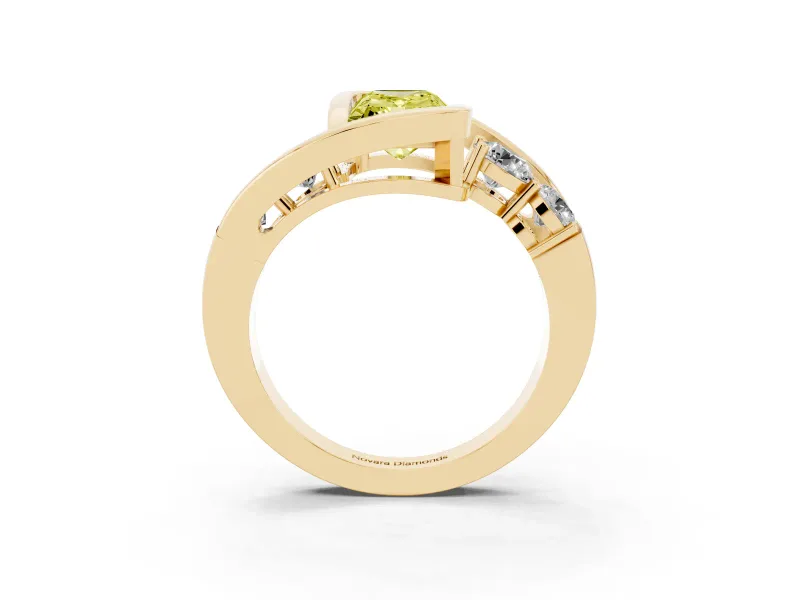 Fancy Yellow Radiant Cut Diamond Bezel Bypass Ring Set in Yellow gold with Round Accents