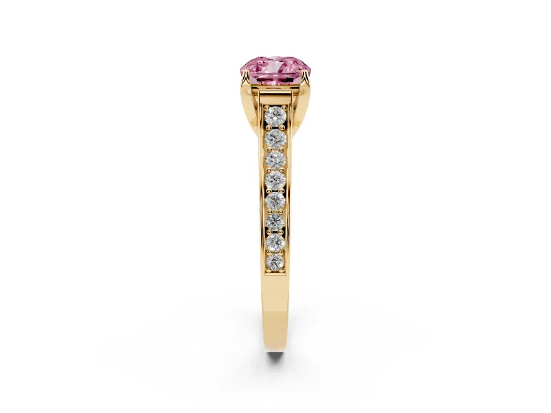 Fancy Pink Cushion Cut Diamond Solitaire Pavé Engagement Ring Set in Yellow gold with Prong Setting