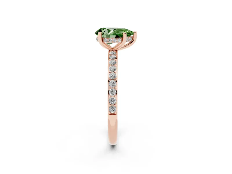 Fancy Green Pear Cut Diamond Pavé Band Ring Set in Rose gold with Prong-Set Center Stone